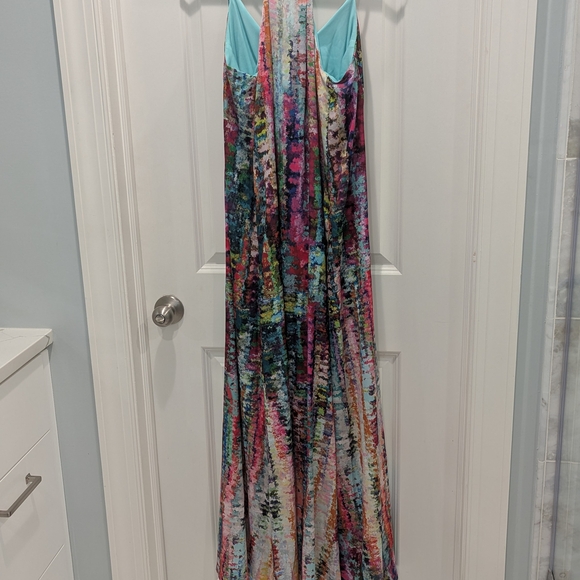 NWT Nicole Miller Colorful Watercolor Satin Maxi Dress With Pockets XS - Picture 6 of 12